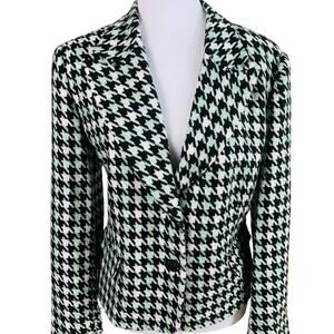 Vintage Size 14P Houndstooth Blazer Jacket Black Off White Mint Green Career
